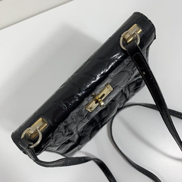 Meyers Black Patent Leather Purse Moc Croc Made ITALY Shoulder Handbag VTG - Picture 7 of 13